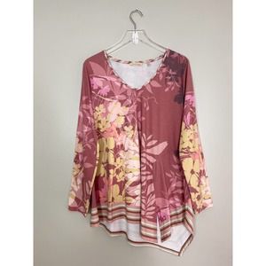 Soft Surroundings Dusty Mauve Floral Mixed Print Long Sleeve Neck Shirt Large